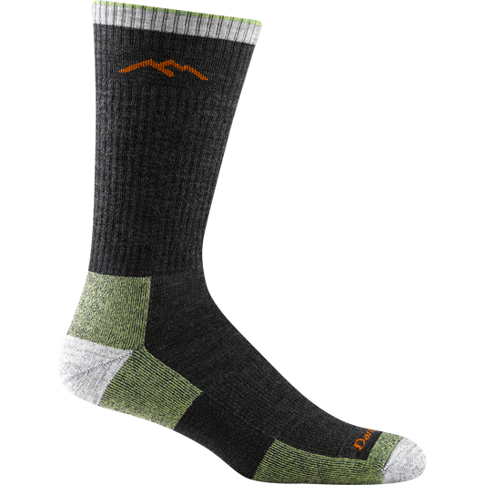 Darn tough lime and charcoal sock with orange mountain outline detail, white toe and heel