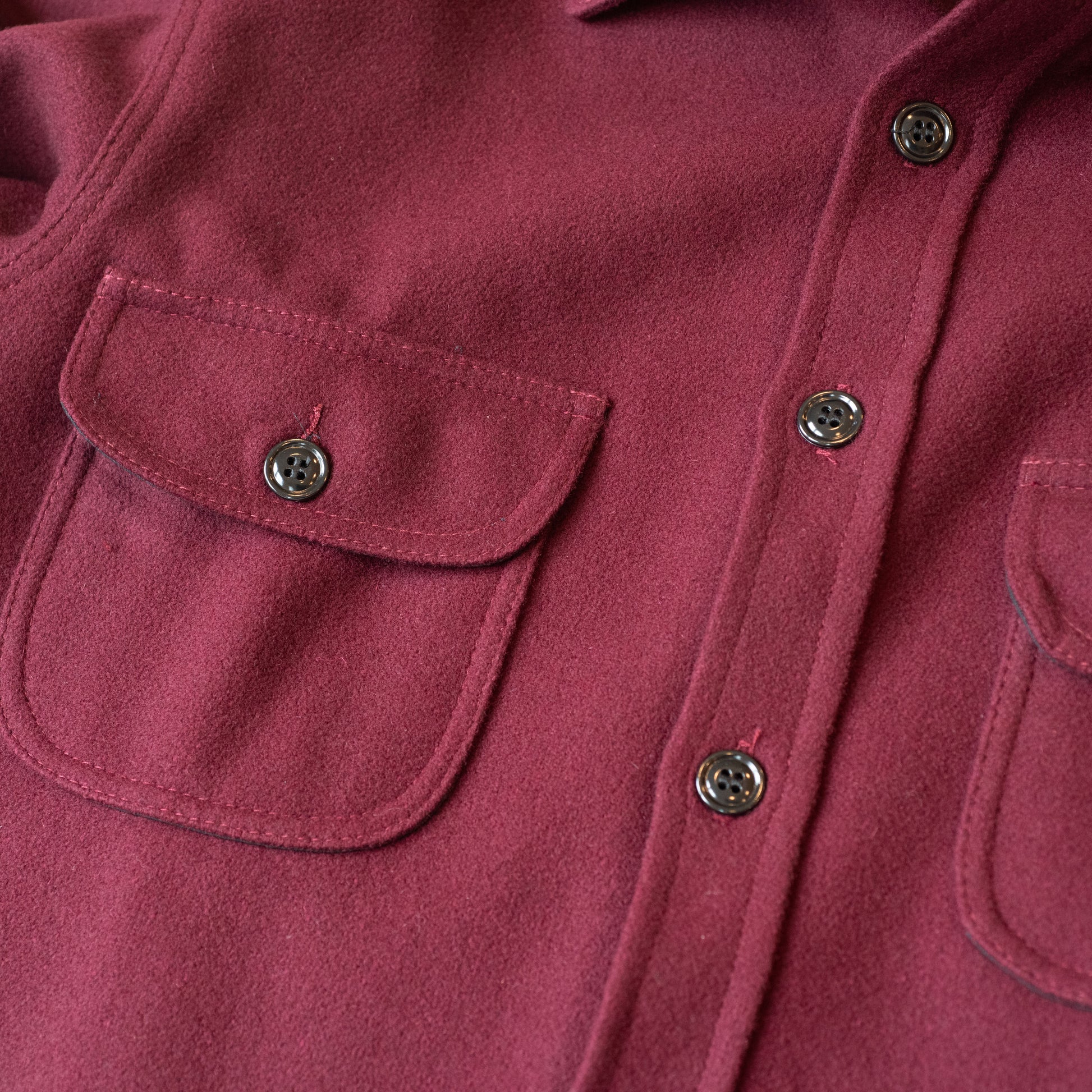 Burgundy Long Tail Wool Button Down pocket detail