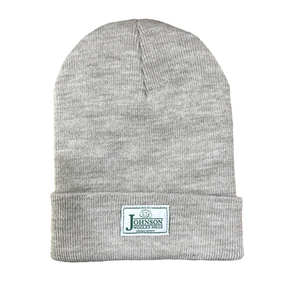 Johnson Woolen Mills beanie in Alabaster heather with white label on cuff