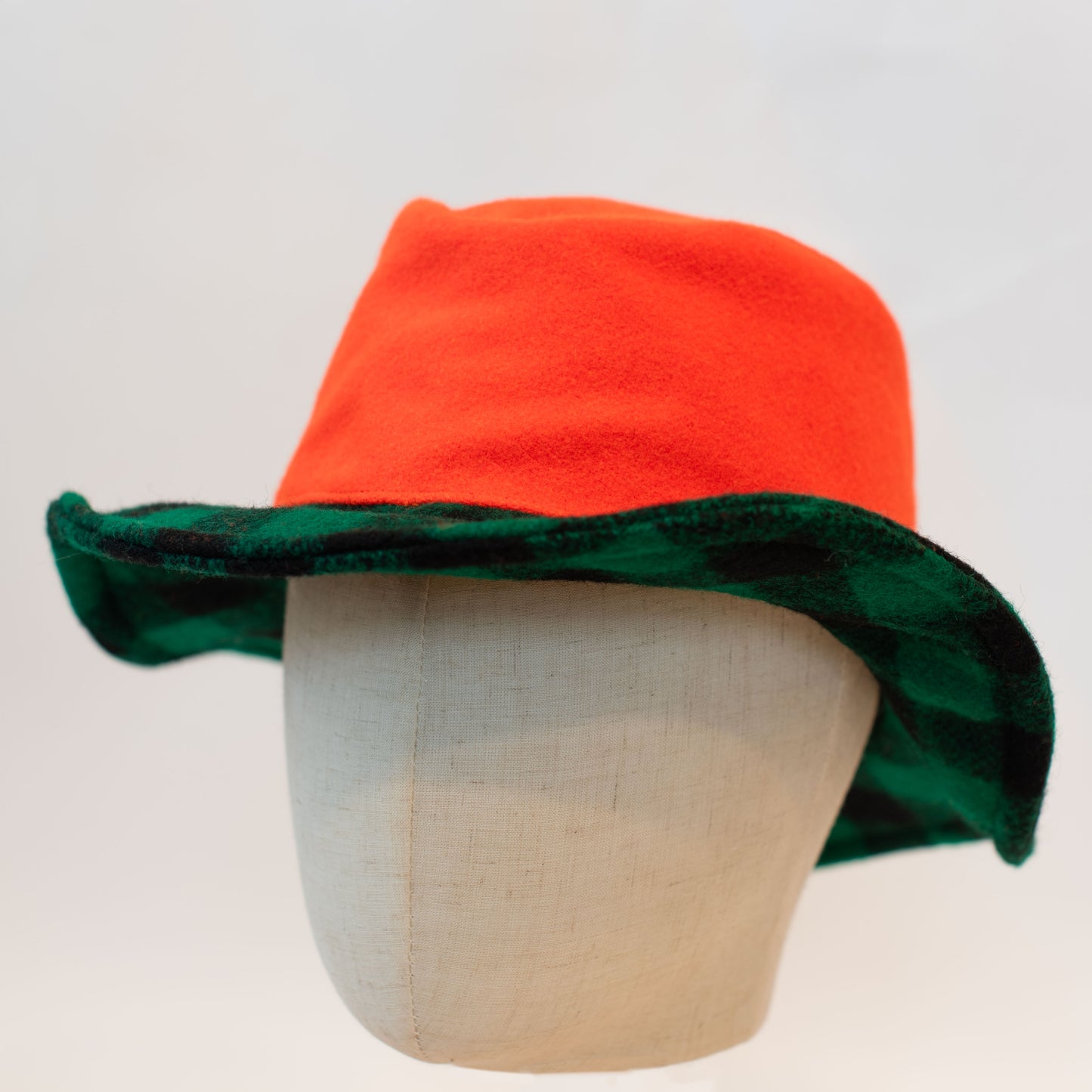 Johnson Woolen Mills Wool Beagle Crusher Hat Blaze Orange with Green and Black Check Brim