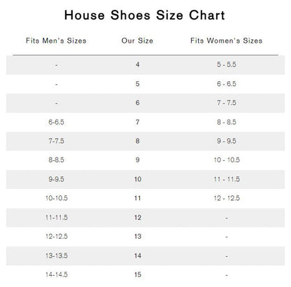 Vermont House Shoes - Size Chart