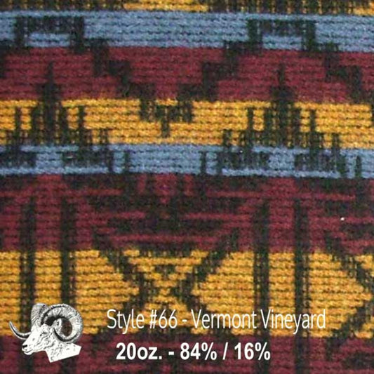 Wool fabric swatch blue, plum, gold and black print