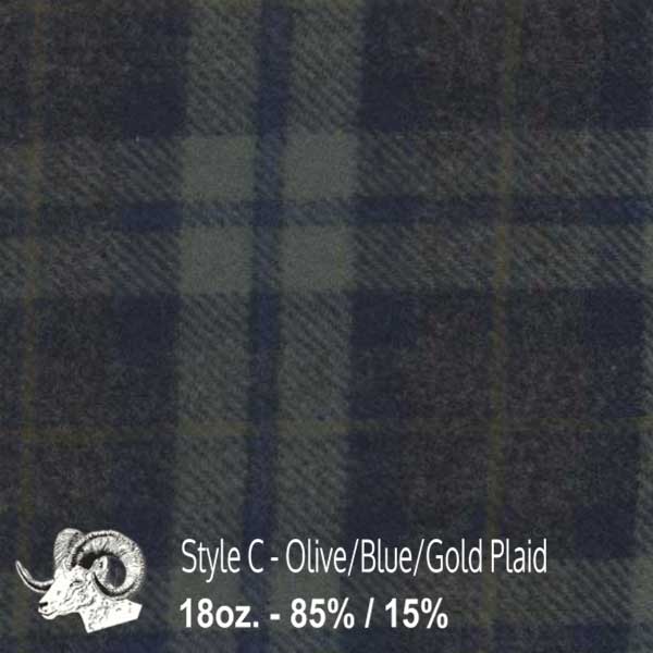 Johnson Woolen Mills swatch - olive, blue, gold plaid 